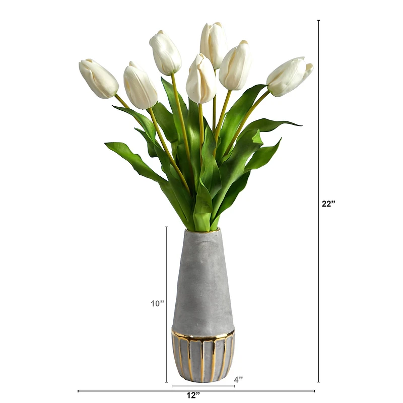 22" White Dutch Tulip Arrangement in Gold Trim Stoneware Vase