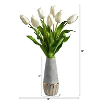 22" White Dutch Tulip Arrangement in Gold Trim Stoneware Vase