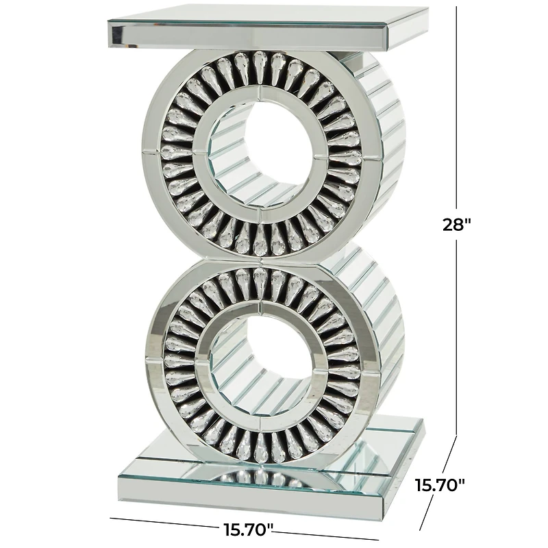 Silver Wood Mirrored Accent Table with Crystal Embellishment 16" x 16" x 28"