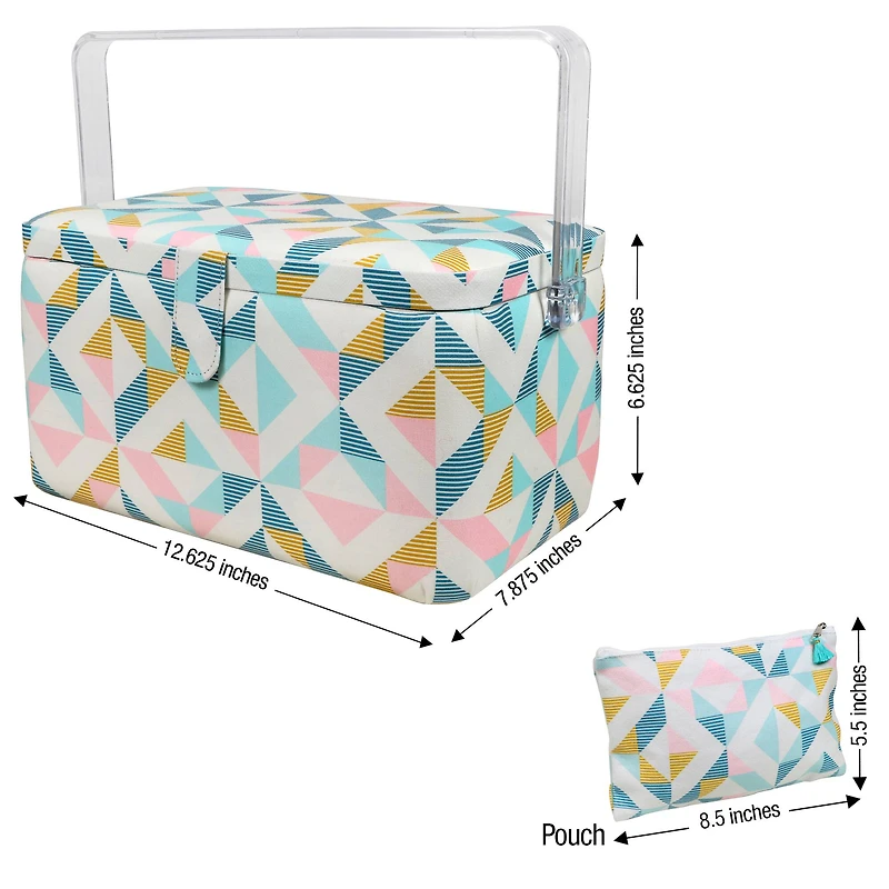 SINGER® Large Abstract Geo Print Sewing Basket with Matching Pouch Sew Kit