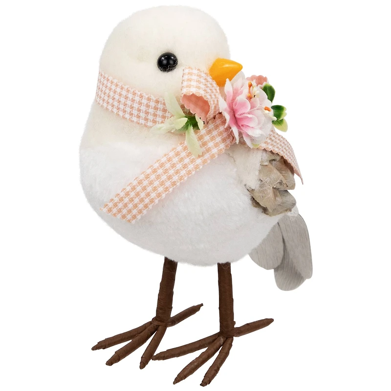 7" White Plush Bird Accent with Gingham Bow
