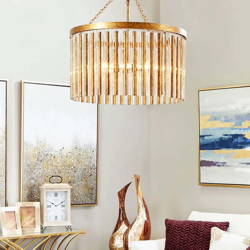 Gold Iron Glam Drum Chandelier, 25" x 22" x 22"