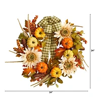 24" Pumpkin, Sunflower Artificial Autumn Wreath With Decorative Ribbon