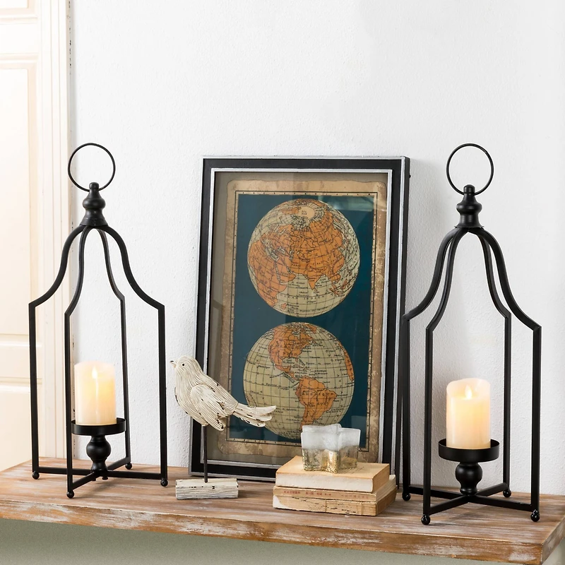 22" Modern Farmhouse Black Metal Candle Lantern Set