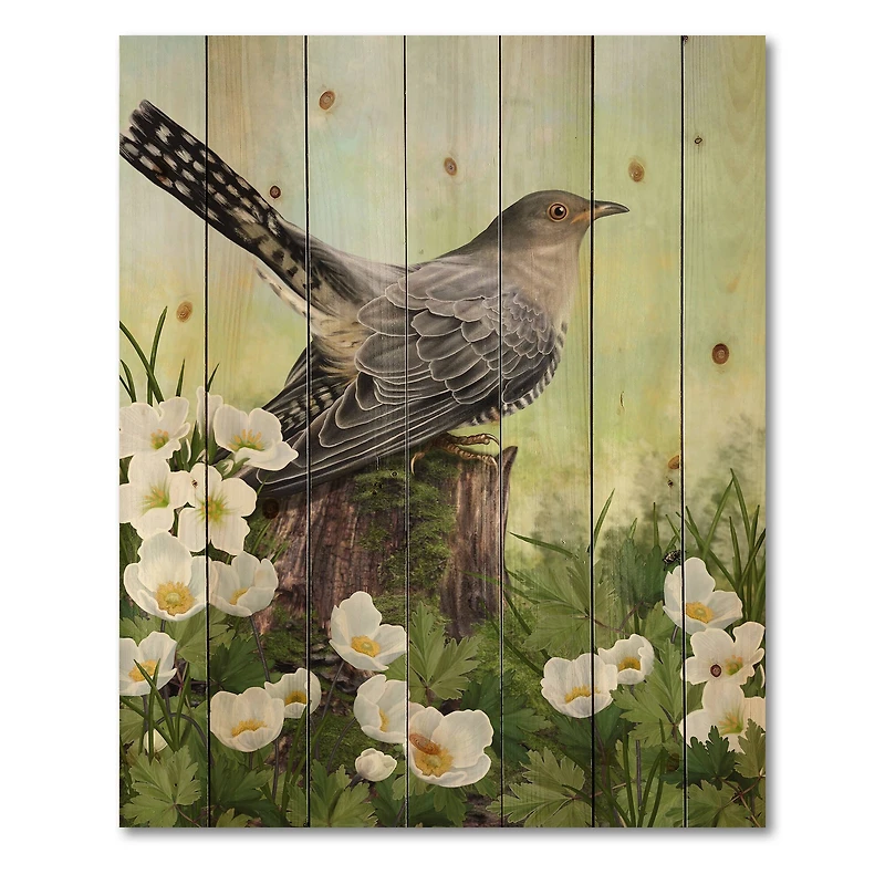 Designart - Cuckoo Bird On An Old Stump - Traditional Print on Natural Pine Wood