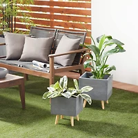 Set of 2 Grey Polystone Contemporary Planter, 13", 15"