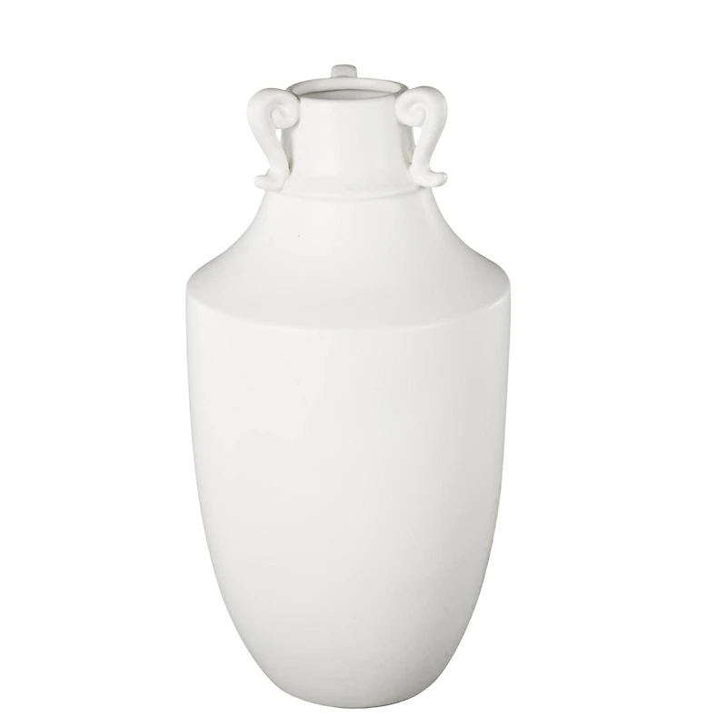 18.25" White Ceramic Sleek Amphora Vase with Scroll Handles