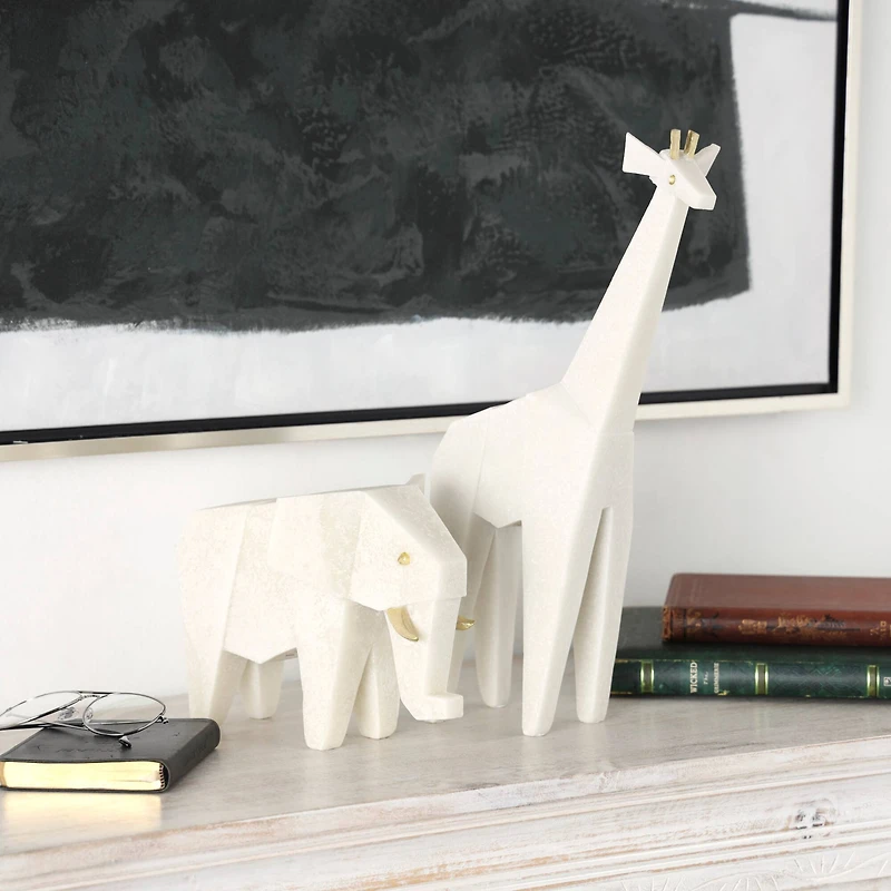 White Polystone Elephant & Giraffe Cubist Inspired Sculpture Set