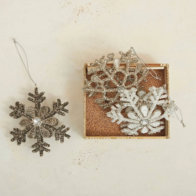 Hello Honey® 5.5" Silver & White Beaded Snowflake Metal & Glass Ornament