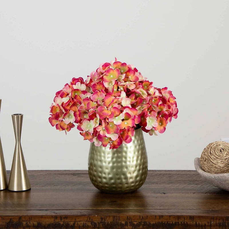 11" Pink Hydrangea Arrangement in Gold Metal Vase