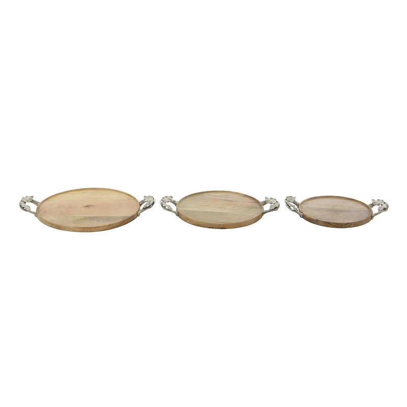 Brown Round Mango Wood Farmhouse Tray Set