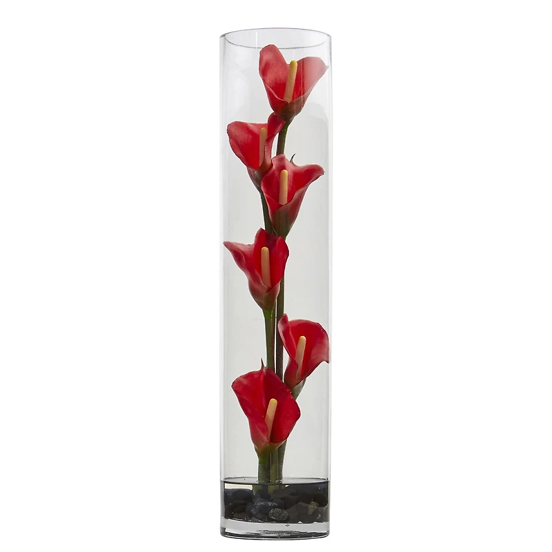 18" Mini Calla Red Lily Arrangement in Cylinder Glass Vase