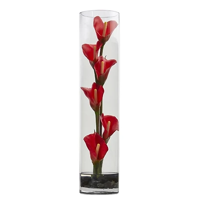 18" Mini Calla Red Lily Arrangement in Cylinder Glass Vase