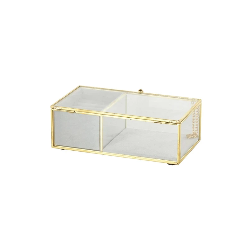 7" x 4" x 3" Clear & Gold Glass & Metal Jewelry Box with Chain Accent & Fabric Ring Slots