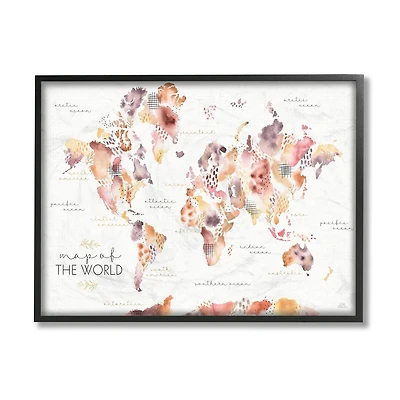 Stupell Industries Abstract Floral World Map Watercolor Pink Purple in Frame Wall Art