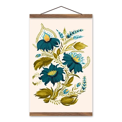 Teal Floral Teak Hanging Canvas Art