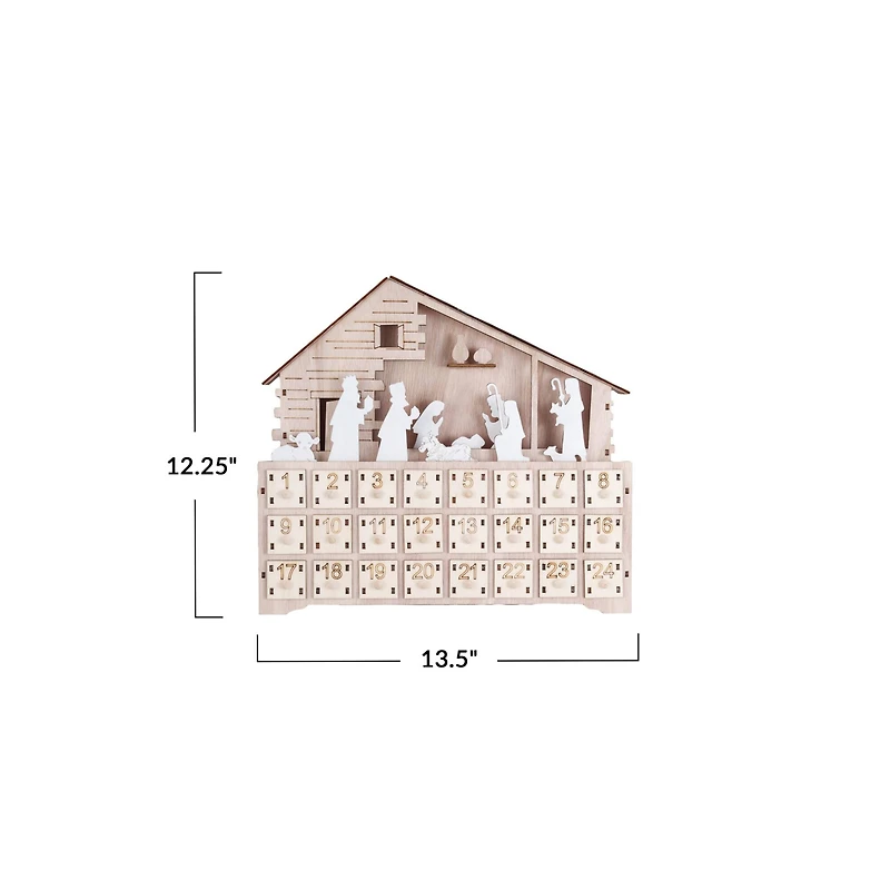Hello Honey® 13.5" Wood Laser-Cut Nativity Advent Calendar with LED Light & Drawers