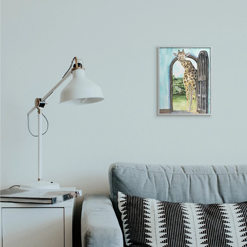 Stupell Industries Giraffe Through Doorway Wall Art in Gray Frame