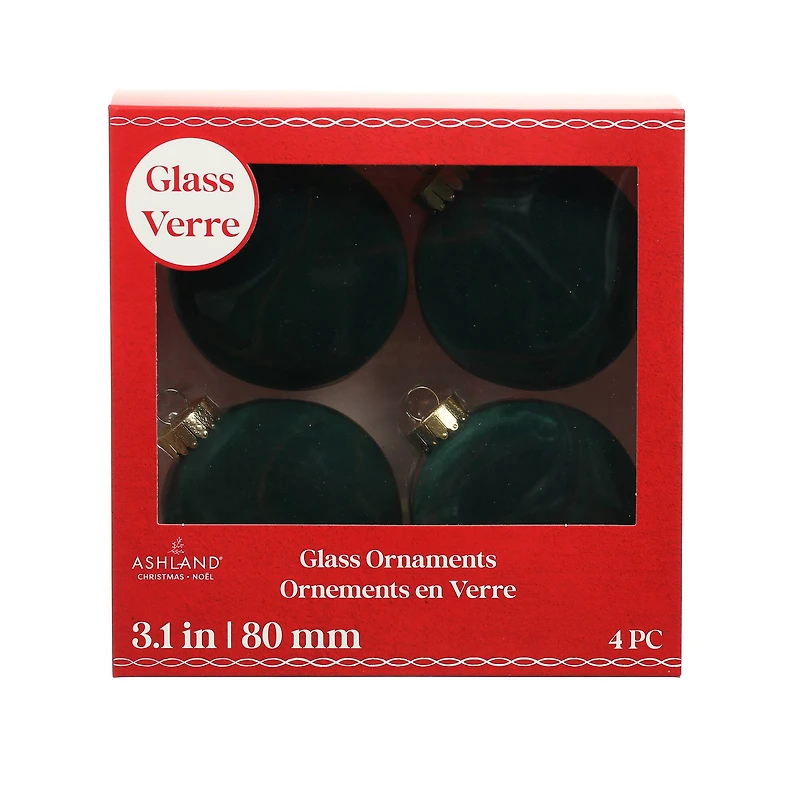 4 Pack 3.25" Dark Green Flocked Glass Ball Ornament by Ashland®