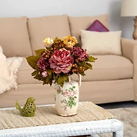 18'' Pink & Yellow Peony Arrangement in Floral Pitcher