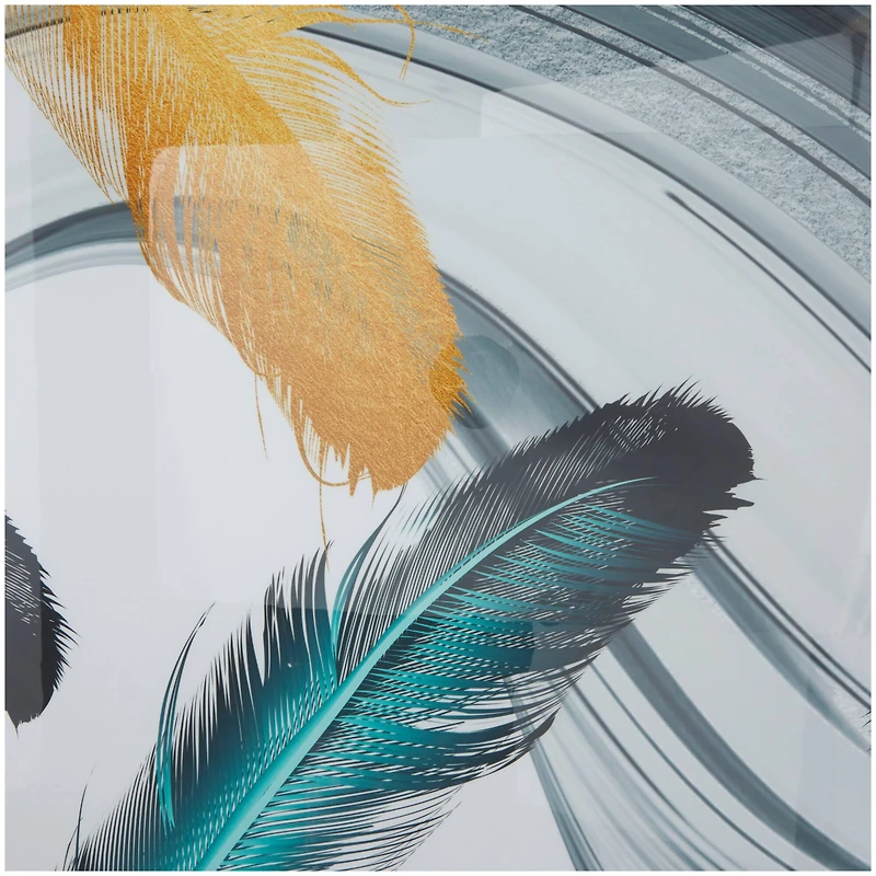 CosmoLiving by Cosmopolitan Blue Porcelain Feathers Bird Framed Wall Art with Gold Aluminum Frame Set of 3 32", 16", 16"
