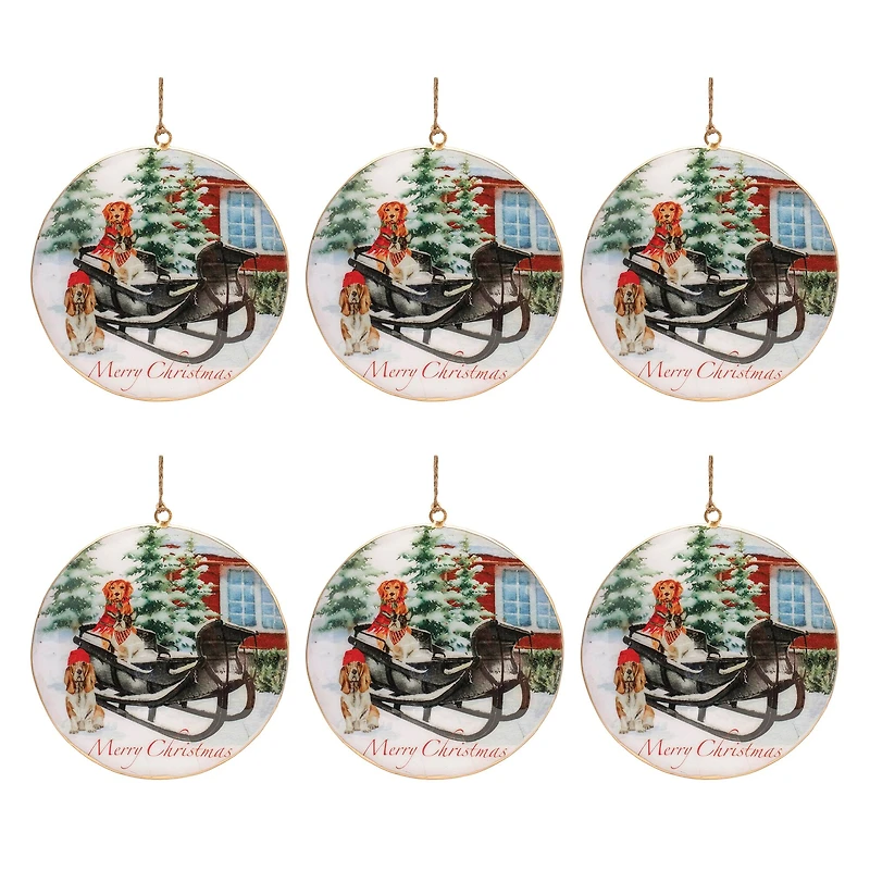 6" Metal Dogs in Sleigh Disc Ornaments, 6ct.