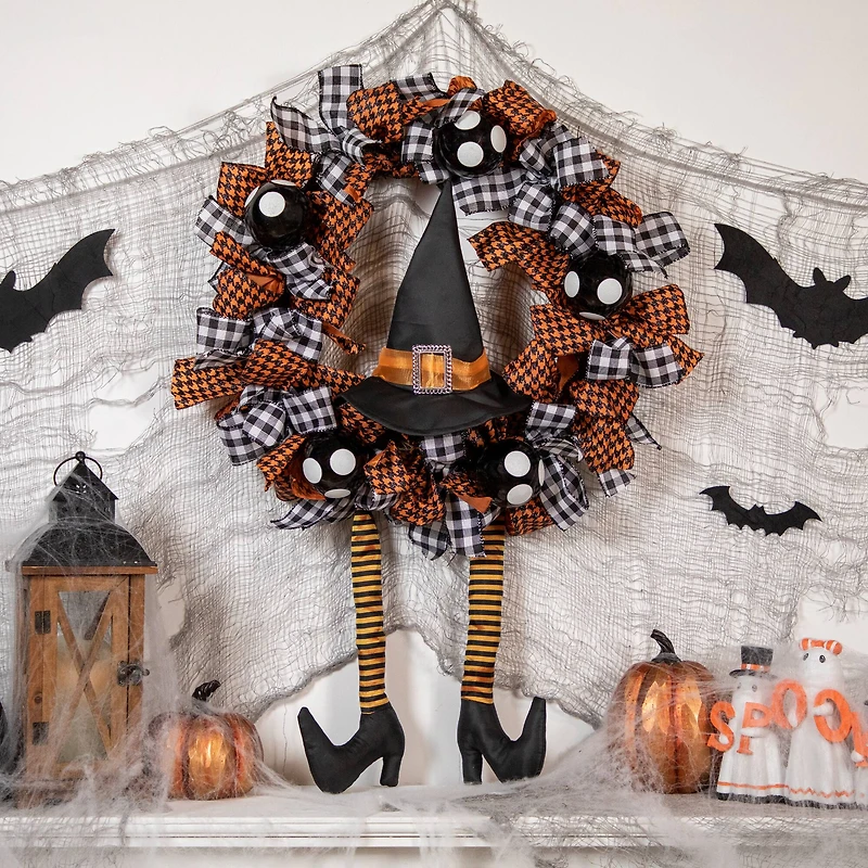 24'' Unlit Orange and Black Witch with Bows Halloween Wreath