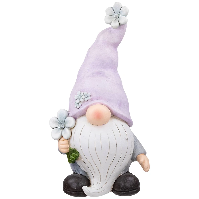 18" Gnome with Purple Hat & Flower Outdoor Garden Statue