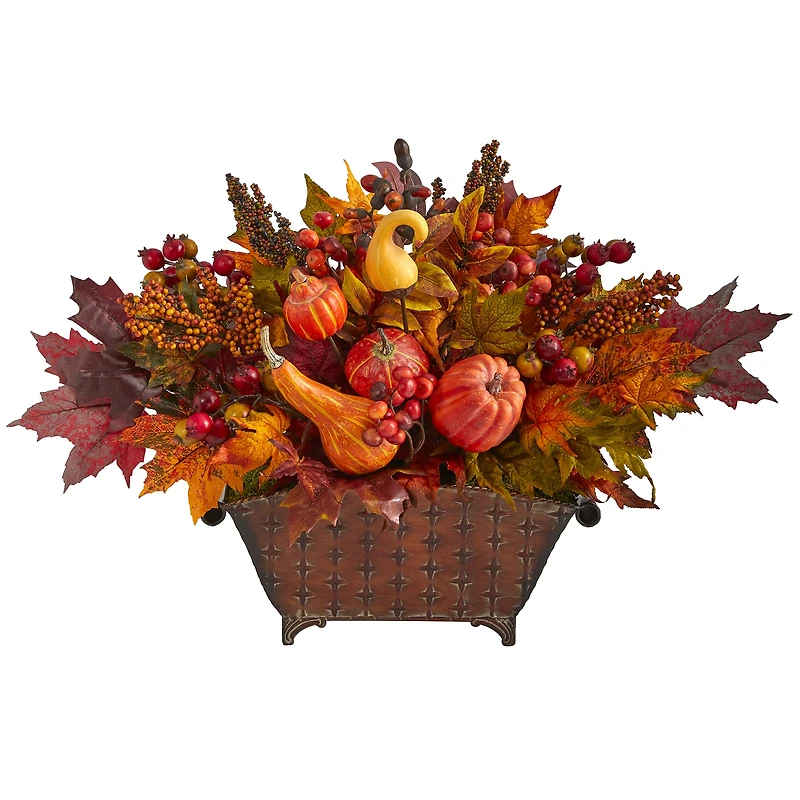 2ft. Pumpkin, Maple Leaf, Berries Arrangement in Metal Vase
