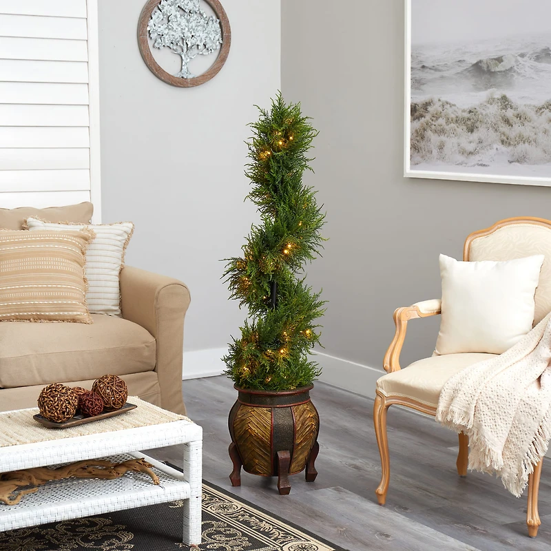 4.5ft. Pre-Lit Spiral Cypress Artificial Christmas Tree in Decorative Planter, Clear LED Lights