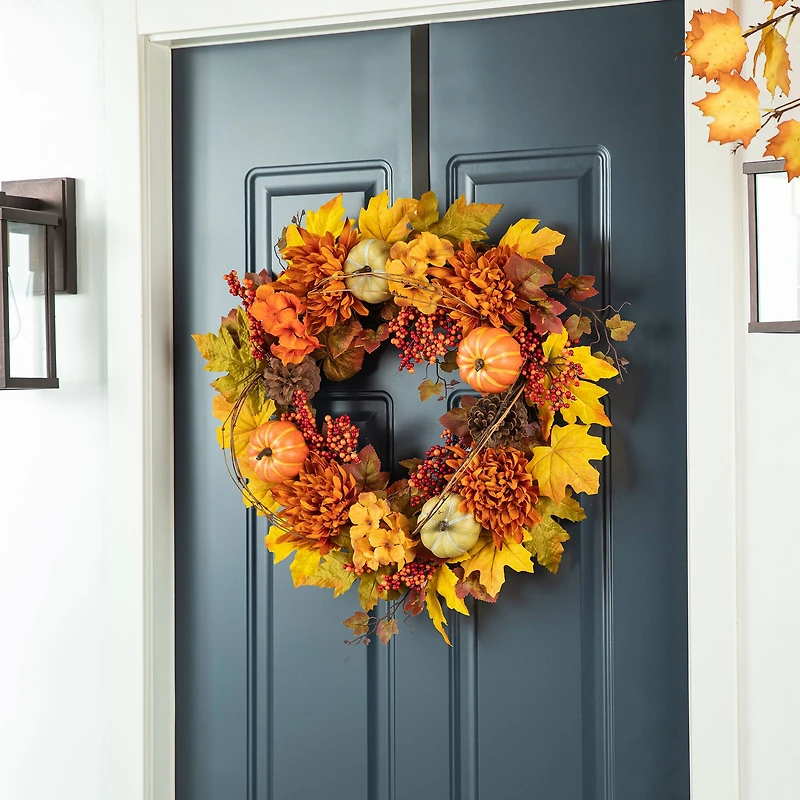 Glitzhome® 24" Fall Dahlia, Pumpkin, Leaf & Berry Wreath