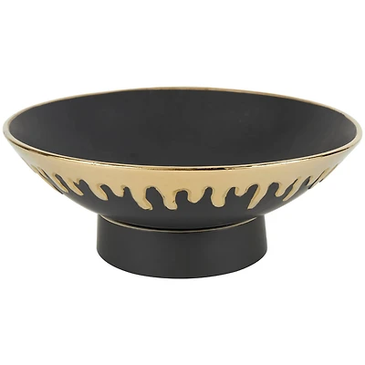 CosmoLiving by Cosmopolitan 15.25" Abstract Black with Gold Melting Drips Ceramic Decorative Bowl
