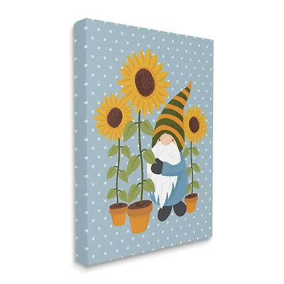 Stupell Industries Sunflower Garden Gnome Striped Hat Blue Polka Dots Canvas Wall Art