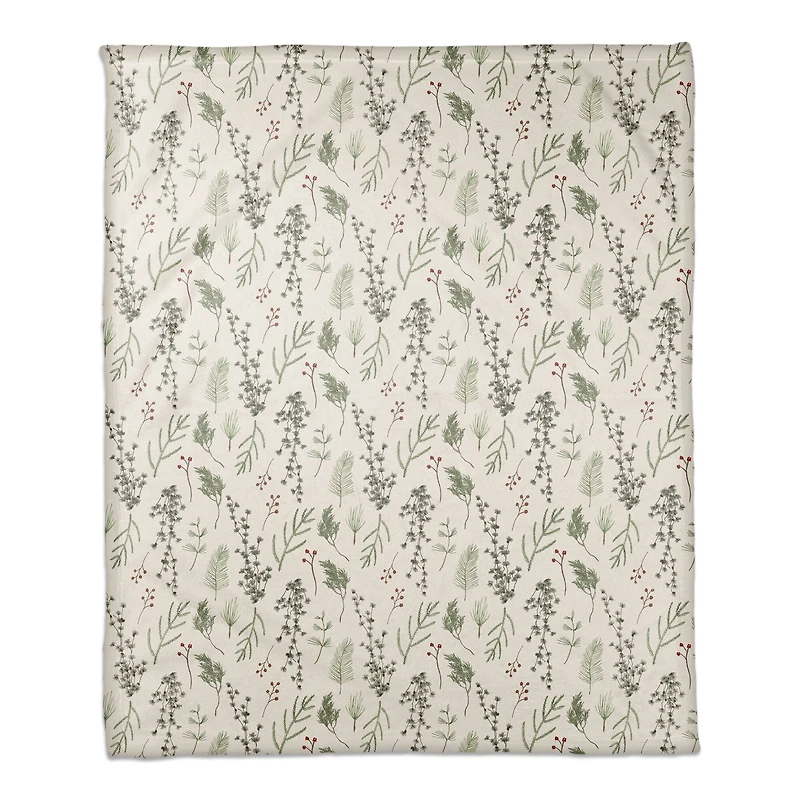 Pine Greenery on White Coral Fleece Blanket