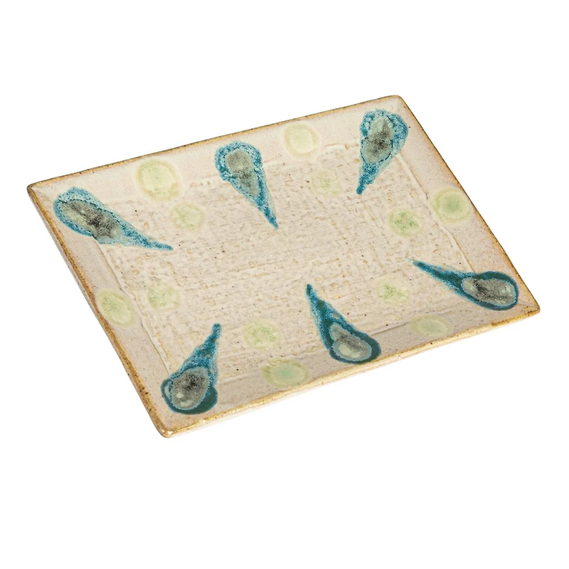 Hello Honey® 9.25" Tan & Blue Geometric Stoneware Platter