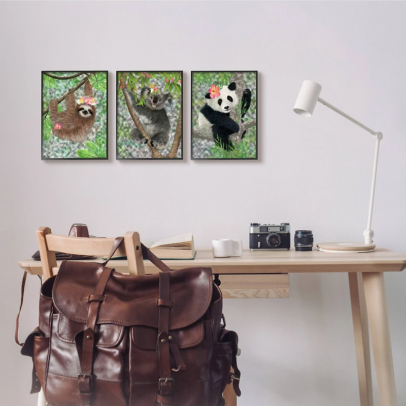 Stupell Industries Tropical Hibiscus Flower Jungle Animals Koala Panda Sloth Framed Wall Art