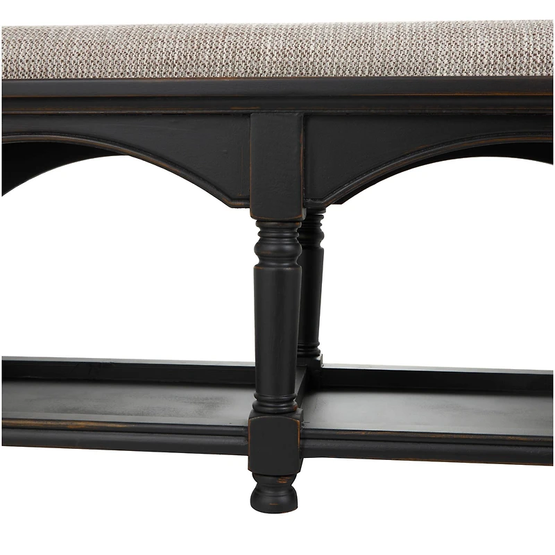 59" Black & Beige Fabric Arched Storage Bench with Traditional Turned Legs