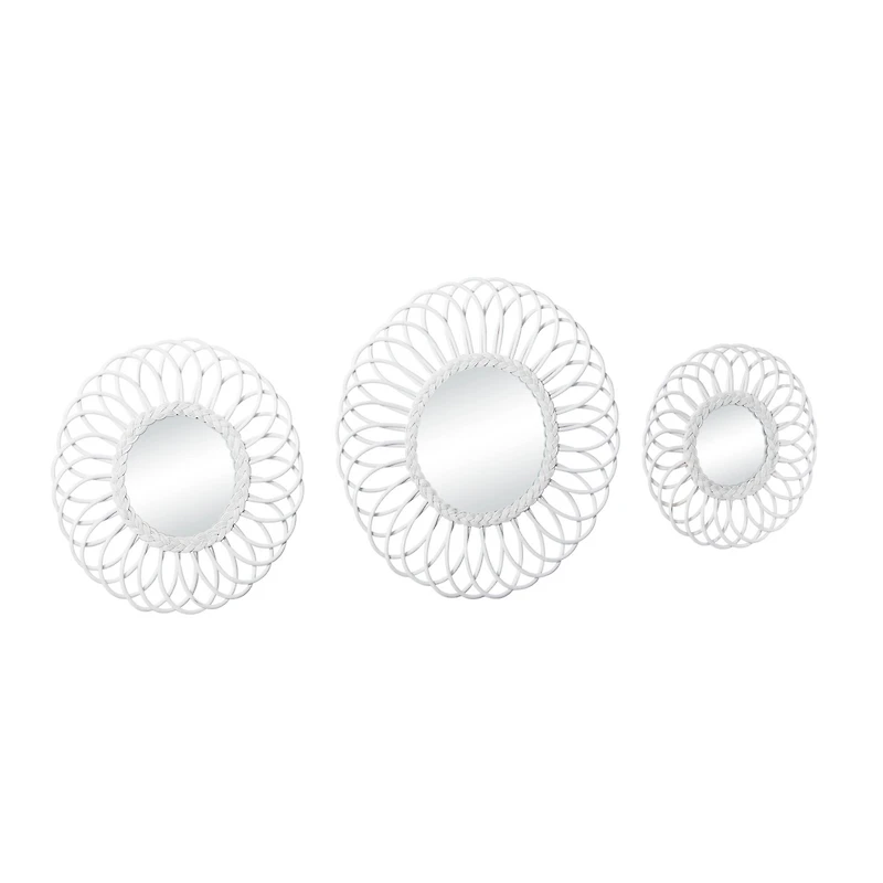 White Woven Rattan Round Wall Mirrors Set