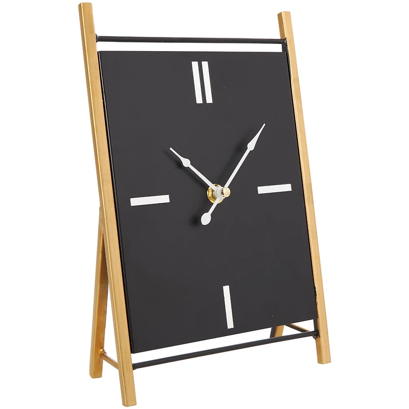 CosmoLiving by Cosmopolitan 10" Black Metal Rectangular Angled Clock Set with Gold Accents & Cutout Tick Hour Markers