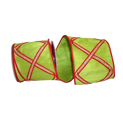 JAM Paper 4" x 5yd. Lime & Red Diamond Trim Lux Wired Plush Velvet Ribbon