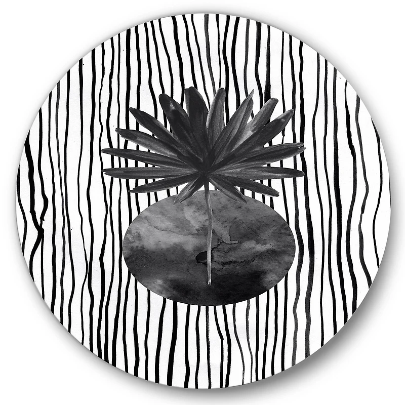 Designart - Black and White Tropical Leaf On Striped I