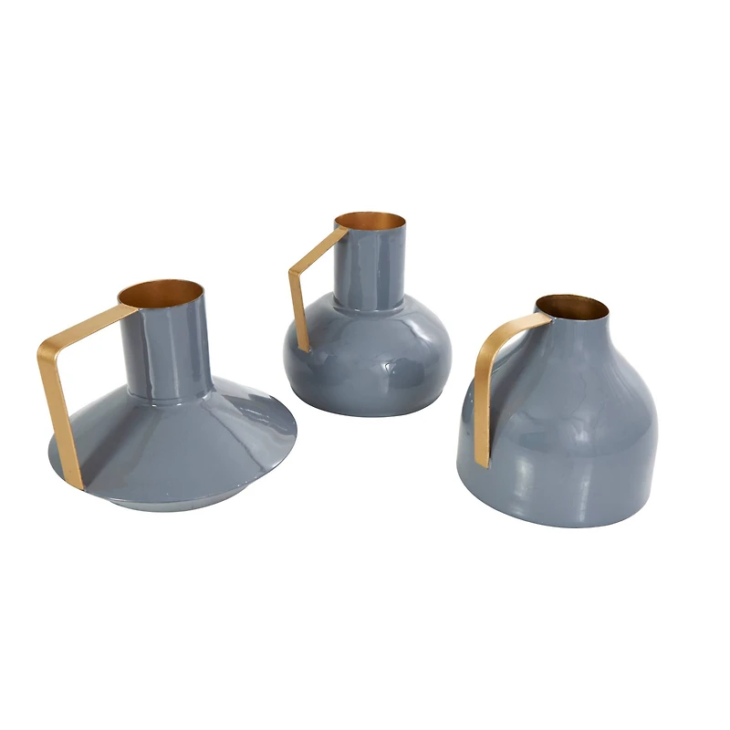 CosmoLiving by Cosmopolitan Blue Metal Abstract Enameled Vase with Geometric Gold Handle Set