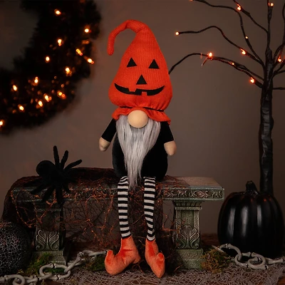 22" Halloween Jack-O-Lantern Striped Tabletop Gnome Figurine with Dangling Legs