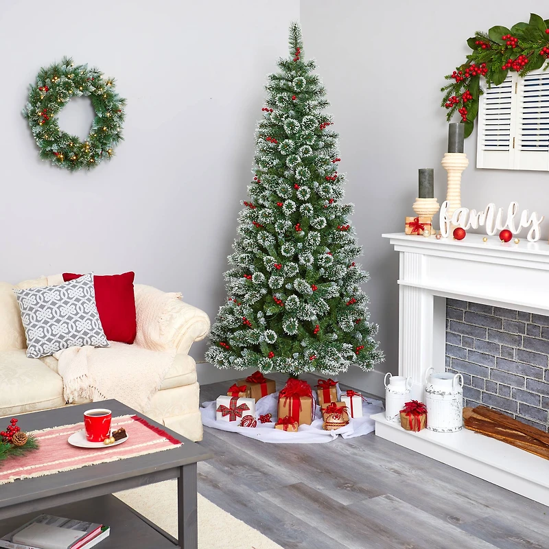 7ft. Pre-Lit Frosted Swiss Pine & Berries Artificial Christmas Tree with Clear LED Lights