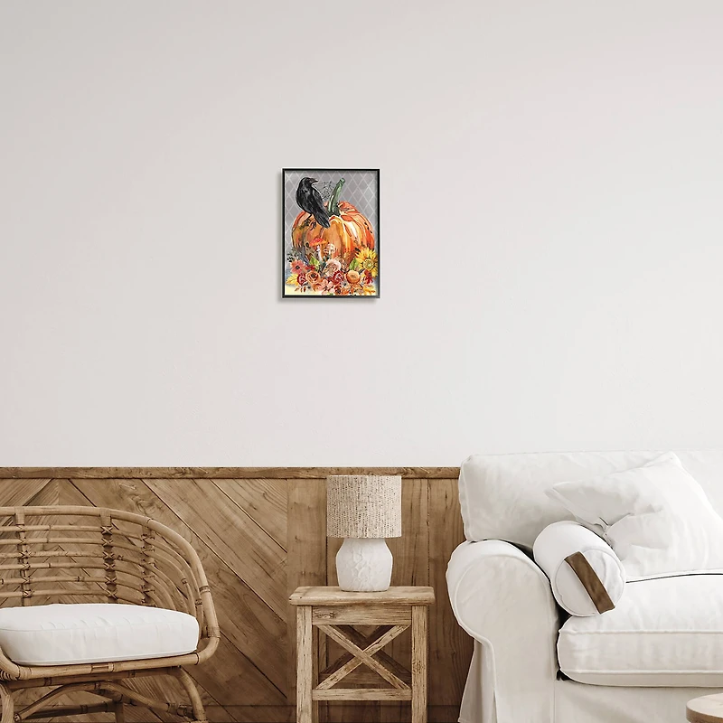 Stupell Industries Autumn Crow Pumpkin Botanicals Framed Giclee Art