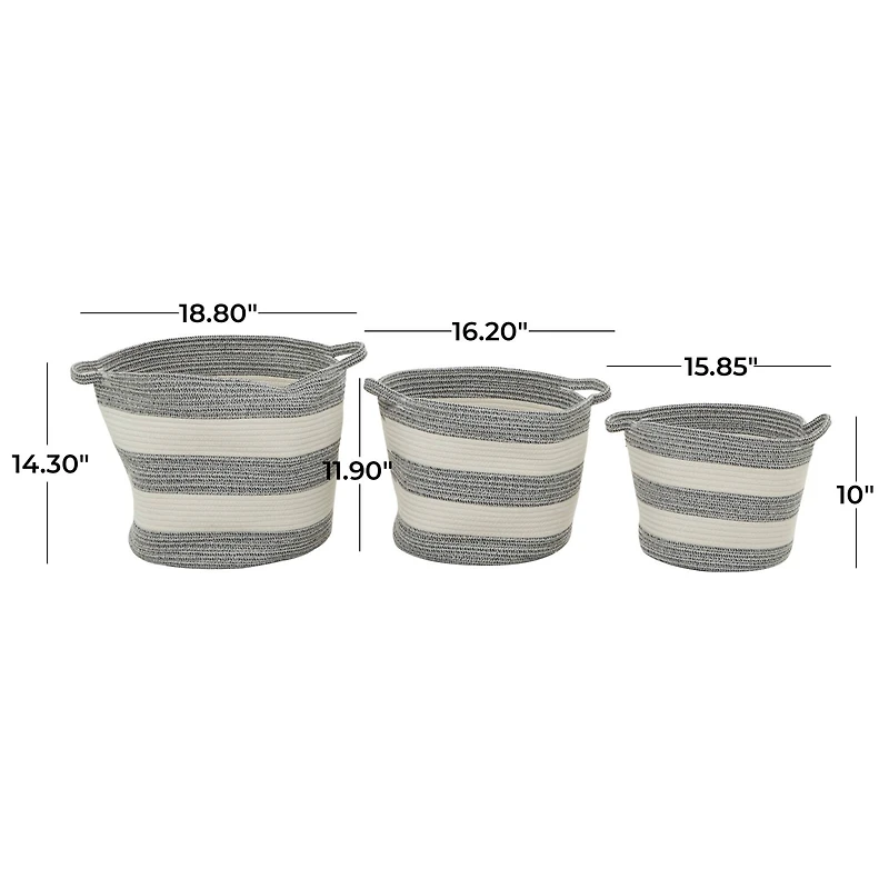 Gray Cotton Handmade Striped Storage Basket with Handles Set of 3 14", 12", 10"