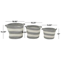 Gray Cotton Handmade Striped Storage Basket with Handles Set of 3 14", 12", 10"