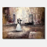 Designart - Black And White Couple Dancing In Hall With Piano