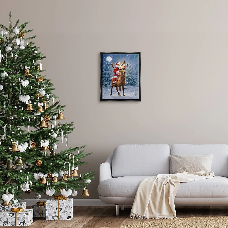 Stupell Industries Santa Riding Reindeer Landscape Framed Floater Canvas Wall Art
