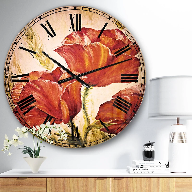 Designart 'Three Poppies Flower Traditional Wall Clock